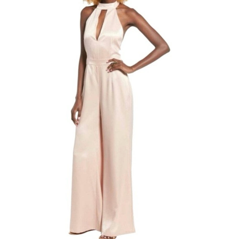 Leith Light Blush Halter Keyhole Wide-Leg Jumpsuit